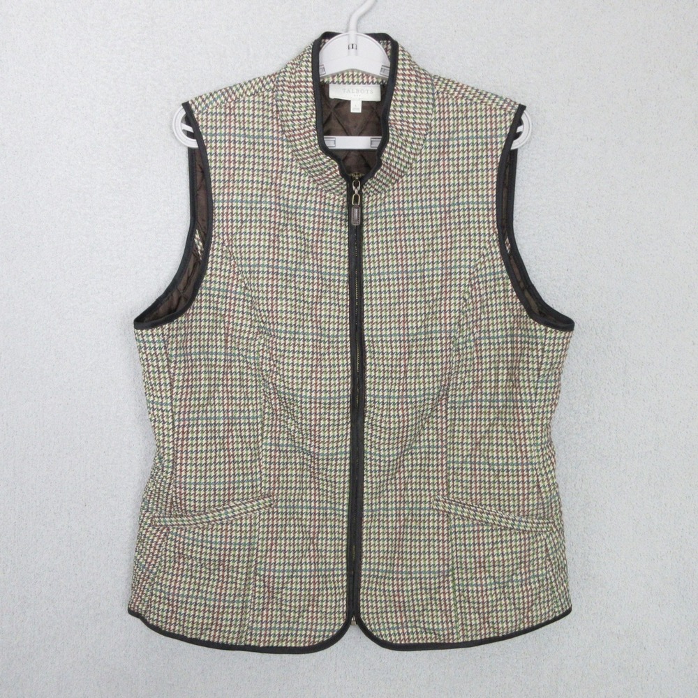 Talbots Quilted Vest Womens Large Brown Green Houndstooth Zip Faux Leather Trim
